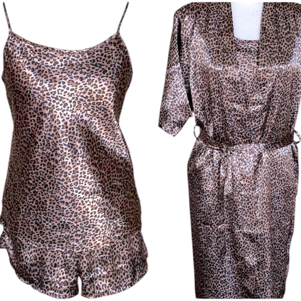 Emme Jordan 3pc Satin Pajama Set Robe Cami & Shorts Leopard Animal Print